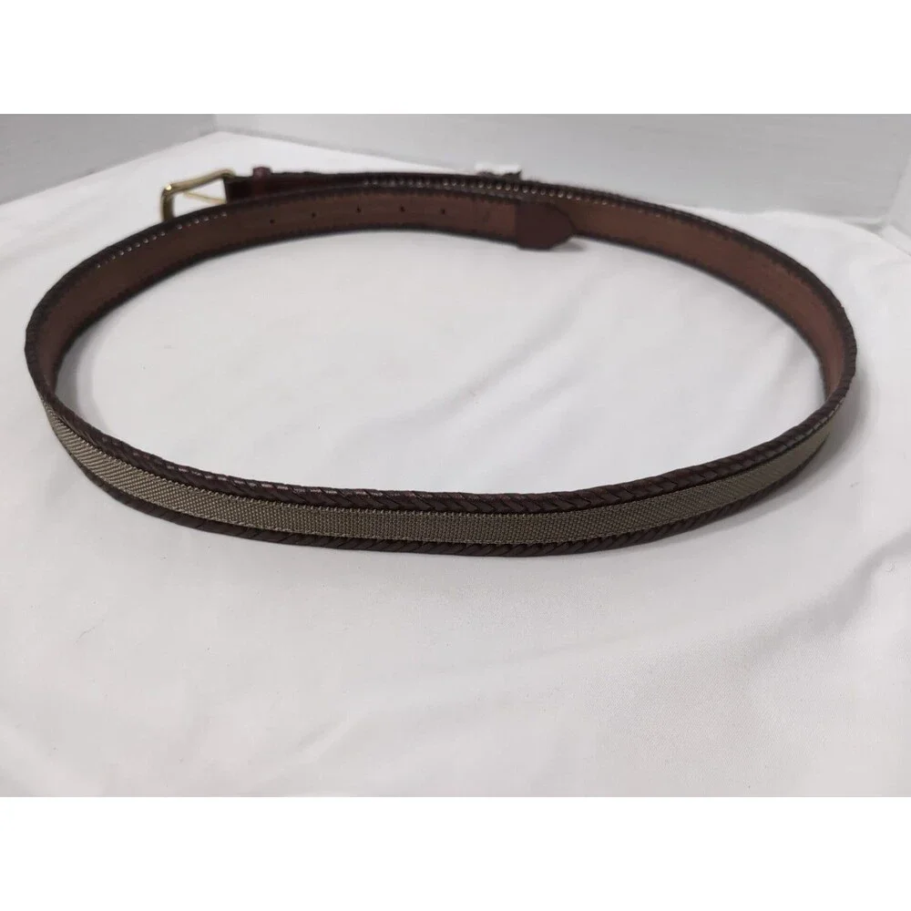 CUSTOM LEATHER BELT LEATHER And WOVEN CANVAS  MENS SIZE 42 BROWN/TAN/BRASS